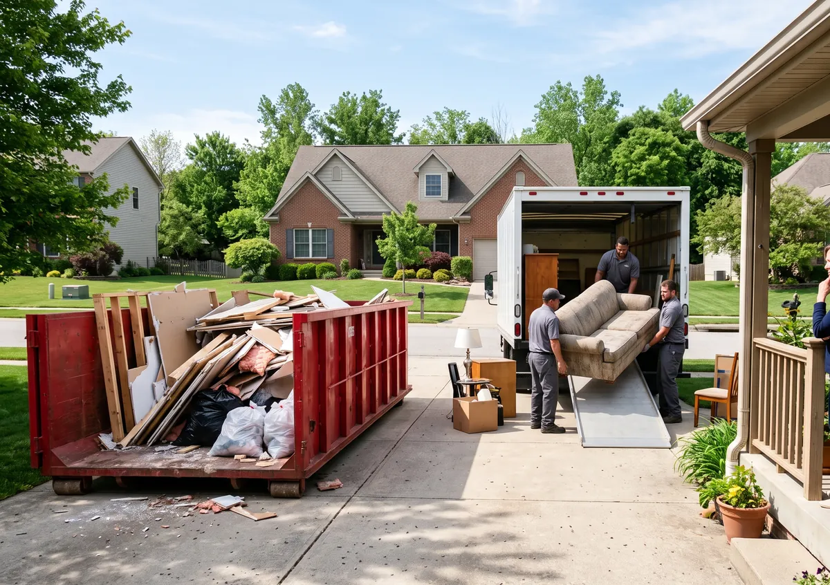 A half-full roll-off dumpster on one side of a driveway as a junk crew loads furniture on the other