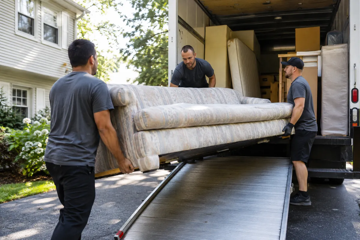 A junk removal crew carries an old sofa up the ramp into a half-loaded box truck